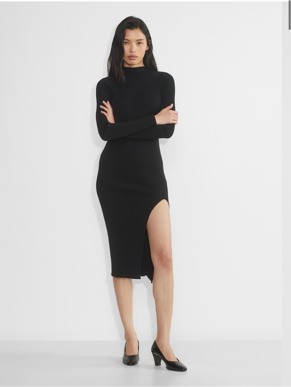 Aritzia Alchemy Dress Women XS Black Mockneck Ribbed Sweater Midi Slit